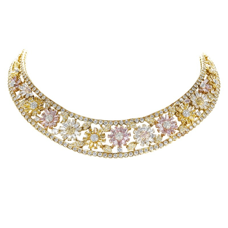 Gold, Pink Diamond, Yellow Diamond and Diamond Collar Necklace